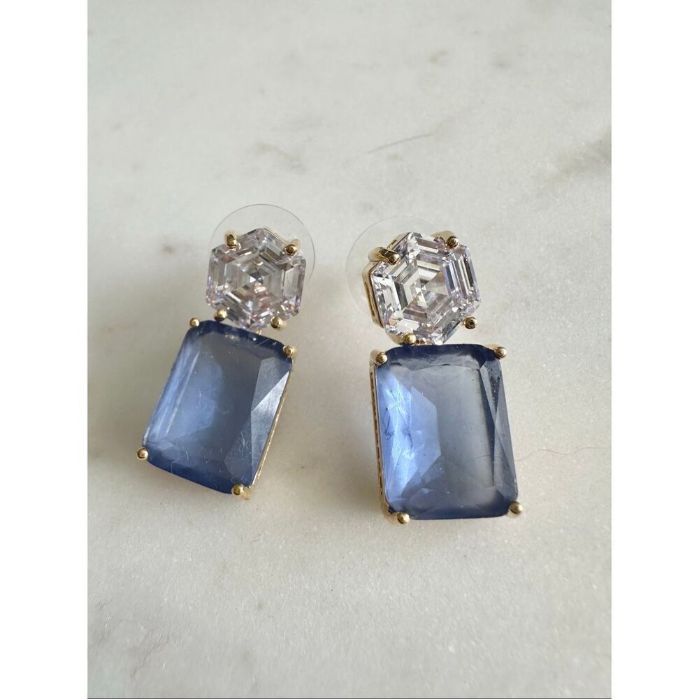 Blue cubic zirconia hexagon cut dangle earrings
